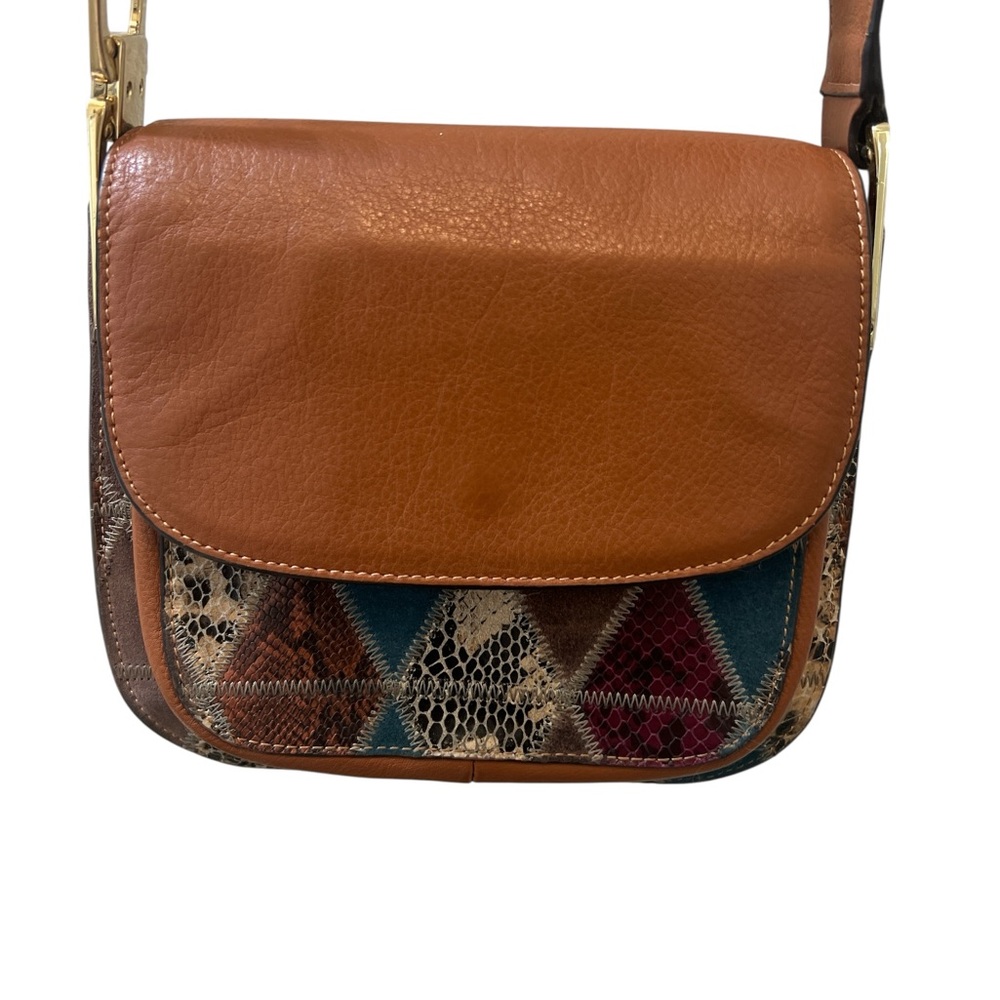 Sam Edelman Genuine Leather Patchwork Boho Crossbody Purse Brown Gold Hardware - Picture 11 of 15